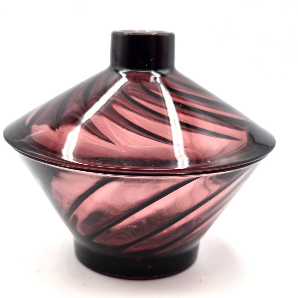 Mid Century Candy Jar Hazel Atlas‎ Moroccan Amethyst Purple Glass Swirl Lidded